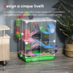 Gabbia per Criceti a 5 Livelli con Tubi, Ruota, Scale, Casetta e Bottiglia, Gabbietta per Roditori in Metallo, PP e PS, 46x30x58 cm, Verde - immagine 4