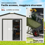 Casetta da Giardino 3,4x3,8x2 m in Acciaio con Doppia Porta Scorrevole e Tetto Inclinato, Argento - immagine 5