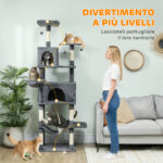 Albero Tiragraffi per Gatti Alto 202 cm con 6 Pali in Sisal, 2 Casette, 2 Amache e Lettino, Grigio - immagine 4