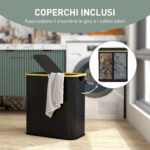 Cesto Portabiancheria da 80L a 2 Sezioni con Coperchio, in Tessuto non Tessuto e Bambù, 54x34x58,5 cm, Nero - immagine 5