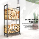 Portalegna da Esterno e Interno a Due Livelli con Ruote in Acciaio Rinforzato, 60x30x119 cm, Nero - immagine 6