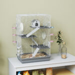 Gabbia per Criceti a 4 Livelli e 16 Tubi con Casetta, Rampa, e Accessori, in Metallo e Plastica, 47x30x70 cm, Grigio - immagine 2