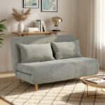 Divano Letto Matrimoniale con Schienale Regolabile e 2 Cuscini, in Tessuto Effetto Lino Grigio - immagine 7