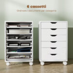 Cassettiera da Ufficio a 6 Cassetti con 4 Ruote e Blocco, 40x35x63 cm, Bianco - immagine 4