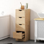 Mobile Bagno Salvaspazio con 4 Cassetti e Maniglie Intagliate Stile Nordico, 29x29x83 cm, Legno Naturale - immagine 8