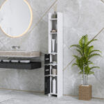 Colonna Bagno con 3 Mensole e 3 Armadietti, in Legno, 15x17x120 cm, Bianco e Nero - immagine 2