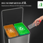 Bidone Immondizia a 2 Sezioni da 15L a Pedale con Coperchio Silenzioso, in Acciaio Inox e PP, 41,8x36,7x44 cm - immagine 4