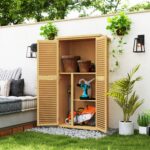 Casetta da Giardino i Legno a 4 Ripiani con Anta a Persiana, 87x46,5x160 cm, Giallo e Verde - immagine 2