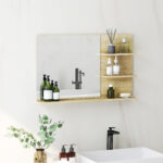 Specchio Bagno Moderno con 2 Ripiani Laterali e Ripiano Inferiore, in Legno e Vetro, 75x10x48 cm, Color Legno - immagine 2