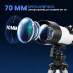 Telescopio Astronomico 70mm con 2 Lenti Oculari e Adattatore Smartphone, 80x80x135 cm, Bianco e Nero - immagine 4