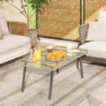 Tavolino da Giardino in Rattan PE con Piano in Vetro e Acciaio, 110x60x40 cm, Legno Naturale - immagine 8
