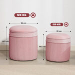 Set 2 Pouf Poggiapiedi Rotondi Impilabili e Imbottiti con Rivestimento in Velluto, Contenitore da 34,8L, Rosa - immagine 3