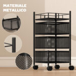 Carrello Cucina a 3 Livelli con Cestini in Metallo Girevoli, Ruote e Freno, 27,5x27,5x62 cm, Nero - immagine 7