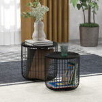 Set 2 Tavolini da Salotto Impilabili Rotondi in Acciaio con Vano Contenitore, Nero - immagine 7