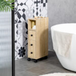 Armadietto da Bagno a Colonna, Mobile Bagno con 4 Ruote, 1 Cassetto 1 Armadietto con Anta 2 Armadietti Aperti, Color Rovere, 18x30x68,5 cm - immagine 7