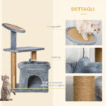 Tiragraffi per Gatti con Pali in Juta, Casetta e Cuscino, Rivestimento Peluche, Altezza 84cm, Grigio - immagine 6