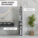 Colonna Bagno con 3 Mensole e 3 Armadietti, in Legno, 15x17x120 cm, Bianco e Nero - immagine 4