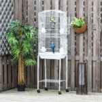 Gabbia per Uccelli, Voliera in Metallo e Acciaio con Ruote, Trespoli e Ciotole, 46,5x36x157cm, Bianco - immagine 9