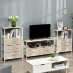 Mobile Porta TV da 47" con Cassetti Pieghevoli in Tessuto e Mensola in Metallo e MDF, 98x29x56cm, Colore Legno - immagine 7