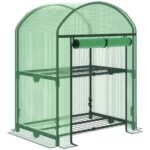 Mini Serra da Giardino con 2 Ripiani in Metallo e Copertura in PE, 69x49x92cm, Verde