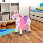 Cavallo a Dondolo per Bambini 2+ Anni con 4 Rotelle, Suoni Realistici e Poggiapiedi, 65x28x75 cm, Rosa - immagine 2