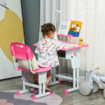 Set Scrivania e Sedia per Bambini 6-12 Anni ad Altezza Regolabili, Banco Scuola con Lampada, Cassetto, Gancio, Portapenne e Leggio, Set Banco con Sedia per Bambini in Acciaio e MDF, Rosa - immagine 2