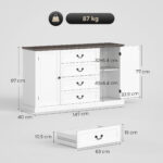 Credenza da Cucina Stile Vintage con 4 Cassetti e 2 Armadietti con Mensole Regolabili, 147x40x87, Legno Bianco - immagine 3