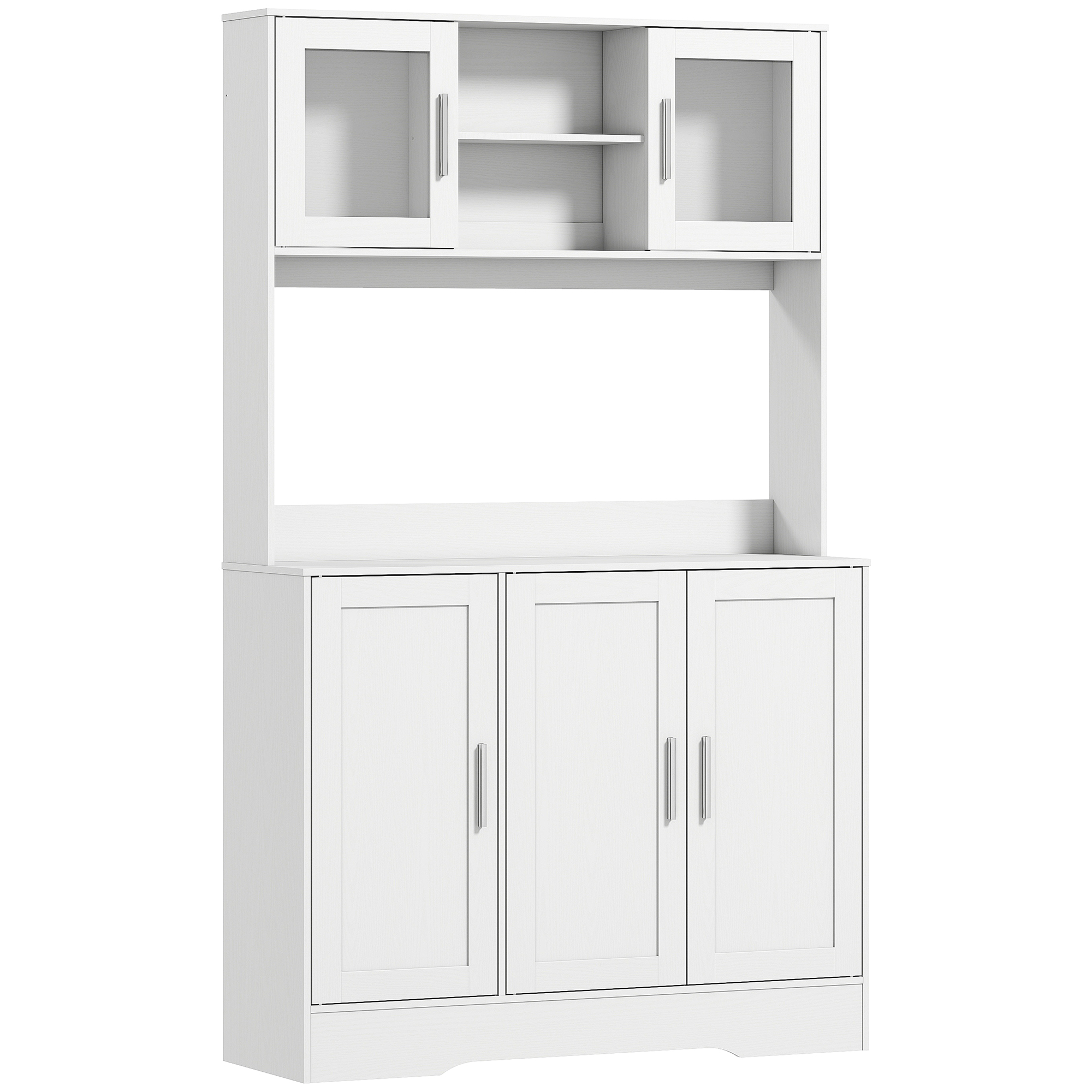 J9F64c19c1c1905c8.jpg Mobile Dispensa con 4 Armadietti, 2 Ripiani Aperti e Piano da Lavoro, in Legno e Vetro, 108x35x180 cm, Bianco - immagine 1