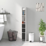 Colonna Bagno con 3 Mensole e 3 Armadietti, in Legno, 15x17x120 cm, Bianco e Nero - immagine 7