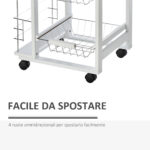 Carrello Isola da Cucina Salvaspazio in Legno di Pino, Carrello Portavivande con 4 Ruote Cassetto 3 Cesti Estraibili Portafrutta, Bianco - immagine 4