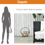 Potalegna per Camino con forma cestino, Rack di legna da ardere design elevato, in metallo, Max15kg, nero, 45x29,5x47cm | Aosom Italy - immagine 5