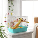 Gabbia per Criceti con Ruota, Casetta, Ciotola, Rampe e Serbatoio, in Acciaio, PS e PP, 45x28x37 cm, Bianco e Azzurro - immagine 2