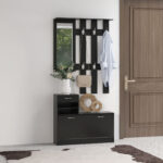 Mobile da Ingresso Appendiabiti con Scarpiera e Specchio, in Truciolato, 90x10x102 cm, Nero - immagine 2