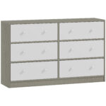 Cassettiera 6 Cassetti Pieghevoli con Maniglie Doppie, in Legno, Acciaio e Tessuto, 114x30x70 cm, Bianco e Grigio