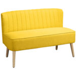 Divano 2 Posti in Tessuto Effetto Lino Senza Braccioli con Gambe in Legno, 117x56,5x77 cm, Giallo