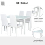 Set 5 Pezzi con 1 Tavolo e 4 Sedie per Cucina o Sala da Pranzo in Finta Pelle, Metallo e Vetro Temperato, Bianco - immagine 6