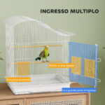 Gabbia per Uccelli a 4 Porte con 2 Ciotole, 2 Posatoi e Vassoio, in Metallo e Plastica, 47,5x36x54,5 cm, Bianco - immagine 5