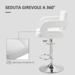 Sgabello Alto Moderno da Bar con Schienale e Braccioli, Regolabile e Girevole, per Cucina o Pub, 64x50x94-114cm, Bianca | Aosom Italy - immagine 5