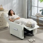 Poltrona Reclinabile 135° max in Tessuto Effetto Lino, Schiuma, Acciaio e Legno, 73x86x1 cm, Bianco Crema - immagine 6