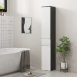 Colonna Bagno Salvaspazio in Legno con 2 Armadietti e Cassetto, 30x28x180 cm, Nero - immagine 2