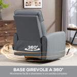 Poltrona Relax Reclinabile Manualmente con Poggiapiedi in Tessuto Effetto Pelle e Base Girevole, Grigio - immagine 5