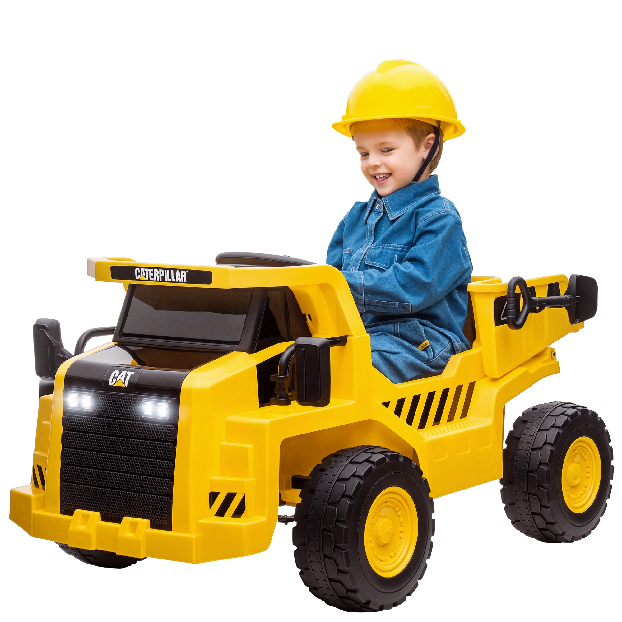LTI26e197f54a614a.jpg Camion Giocattolo Licenza Caterpillar con Telecomando, Fari, Secchio e Pala, 110x70,5x61,5 cm, Giallo - immagine 1