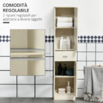 Mobile Bagno in Legno con Cassetto, 2 Armadietti e Ripiani Regolabili, 34x34x150 cm, Color Legno - immagine 5