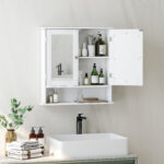 Armadietto Bagno da Parete con 2 Ante a Specchio e Ripiano Aperto, 56x13x58 cm, Bianco - immagine 2