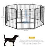 Recinto per Cani di Piccola Taglia a 8 Pannelli Modulabili da 80x1,5x80 cm, Box per Cani e Cuccioli Pieghevole con Porta in Acciaio con 8 Picchetti, Nero - immagine 10