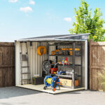 Capanno Attrezzi in Metallo 1,5x2m con Base, Porta Scorrevole e Tetto Inclinato, Grigio Scuro - immagine 9