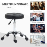 Sgabello Girevole Rotondo con Ruote, Altezza Regolabile e Rivestimento in Finta Pelle, Nero - immagine 7