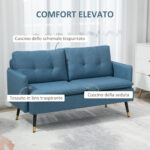 Divano 2 Posti in Tessuto con Cuscini Imbottiti e Gambe in Acciaio 139x68x80cm, Blu Scuro - immagine 4
