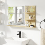 Specchio Bagno Moderno con 2 Ripiani Laterali e Ripiano Inferiore, in Legno e Vetro, 75x10x48 cm, Color Legno - immagine 7