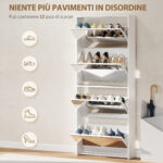 Scarpiera a Specchio a 4 Ante Antiribaltamento in Legno, 63x17x146 cm, Bianco - immagine 5